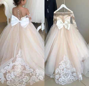 gelinlik topu elbisesi prenses toptan satış-2 Yıl Dantel Tül Çiçek Kız Elbise Yaylar Çocuk İlk Cemaat Elbise Prenses Balo Düğün Parti Elbise