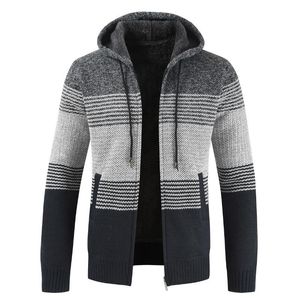 wool hooded sweater venda por atacado-Camisola de suéter masculina casaco primavera outono mens hooded listra espessa zíper lã cardigan jumpers masculino