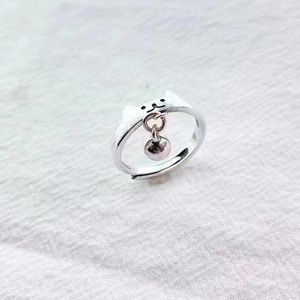 New Sterling Silver Ring cute cat bell wild Personality braided Ring Woman