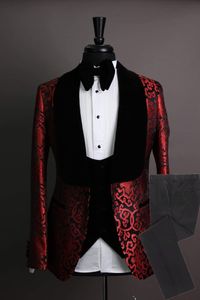 Custom Made Made Groomsmen Szal Velvet Lapel Groom Tuxedos Red and Black Men Garnitury Ślub Best Man Blazer kurtka spodnie muszka kamizelka L608