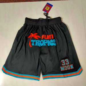 Mens Jackie Moon Flint Tropics Semi Pro Movie Jersey Stitched Black Basketball Shorts Sport med Pocket College Wears