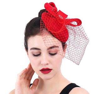 Hårtillbehör Röda Fascinators Mössor Kvinnor Elegant Feather Flower Welling Velling Headwear Fund Gift Bow Royal Derby Pillbox