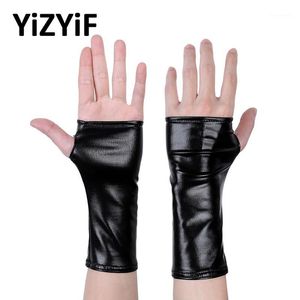 Fem fingrar handskar yizyif kvinnor våt look patent läder halvfingerlös tumme hål mini vants fest kostym clubwear shiny1