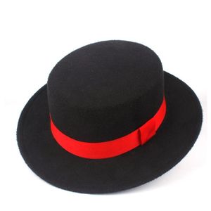レディースウールフラットトップFedora帽子赤いリボンエレガントな女性クローシェイーリビーポークパイ魅力的なボーターハットジャズサイズ56 cm