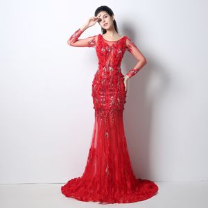 красные партии платья для юниоров оптовых-Женщины Red Tulle Mermaid Вечерние платья Юниоры с длинными рукавами Дубай Арабский Официальный Prom Prety Party