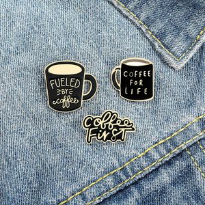 Wholesale pin color resale online - Coffee for Life Cup Vintage Enamel Brooches Pin for Women Fashion Dress Coat Shirt Demin Metal Brooch Pins Badges Promotion Black Color