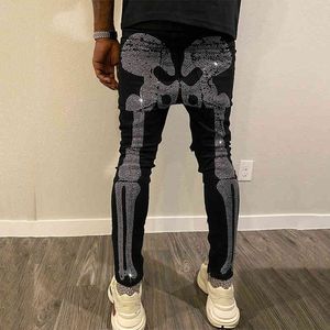 Męskie czarne rozciągliwe dżinsy chude Slim Fit Hot Wiertło list Punk Streetwear Spodnie Biker Mężczyzna Designer Ołówek Spodnie