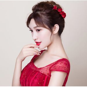 O630 Elegant Wedding Bridal Headpiece Golden Alloy Red Cloth Rose Flower Marriage Bride to Be Hair Comb Women Pageant Tiara