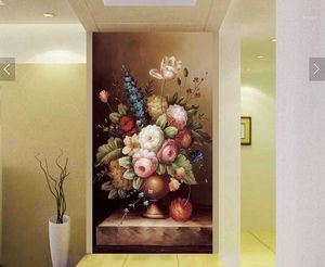 papel tapiz de flores clásico al por mayor-Fondos de pantalla de estilo europeo pintura al óleo florero de flores de pared de pared clásica fondo de porche d papel tapiz corredor arte mural1