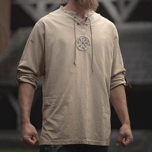 Heren Casual Shirts Unieke Ontwerp Vintage Stijl Mannen Plus Size Oude Viking Borduurwerk Lace Up V hals Lange Mouwen Top Trendy