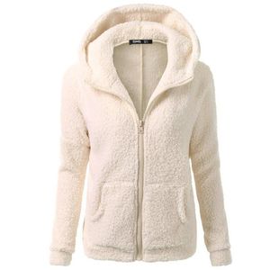 kadınların ılık yukarı ceket toptan satış-Kadın Ceketler Kadınlar Polar Teddy Fermuar Katı Cep Kalın Kapüşonlu Ceket Kış Sıcak Yün Zip up Pamuk Dış Giyim Femme