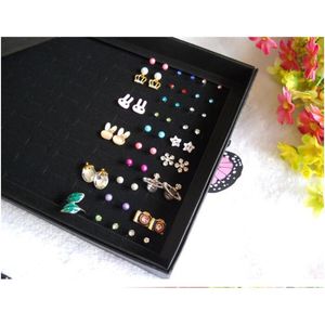 Jewelry Display Holder Box Fashion Earrings Ring Organizer Show Case New Black Slots Storage Ear Pin Display Boxes