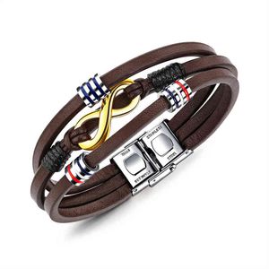 browning titanium bracelet al por mayor-Mano decorada brazalete de cuero de cuero multicapa de acero de titanio marrón
