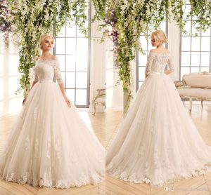 2021 Middle East Naviblue Off Shoulders Wedding Dresses Romatic Button Back Half Sleeves Lace Appliques A line Novia Bridal Gowns with Belt