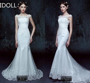 2021 Aantrekkelijke witte tule zeemeermin trouwjurk cap mouw kralen kant appliques rechter trein bruid jurken best verkopende bruidsjurken