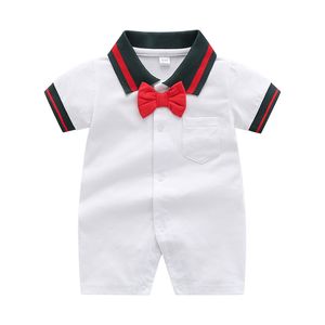 ingrosso cravatta arco neonato-Summer Baby Boys Designer Pagliaccetto Fashion Infant Stripe Bow Tie Manica Corta Romper Newborn Gentleman Onesie Climb Abbigliamento C6799