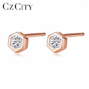 Stud Czcity Små Geometriska Cubic Zirconia Örhängen för kvinnor Rose Gold Color Sterling Silver Hexagon Smycken1