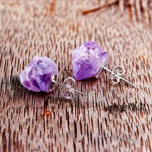10 Pairs Trendy Silver Plated Stud Earrings Irregular Shape Natural Purple Amethyst Stone for Women Jewelry