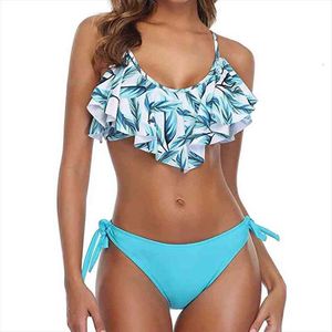 Tropical Flaunce Bikini Side Tie Dotno Wyściełane Potargane Dwa kawałek Swimsuit Dla Kobiet Cross Back Bathing Suil Swimwear