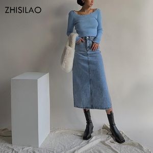 Wholesale blue jean skirts for sale - Group buy Skirts ZHISILAO Long Denim Skirt Women Midi Split Vintage Elegant Blue High Waist Straight Bodycon Jean Plus Size Summer