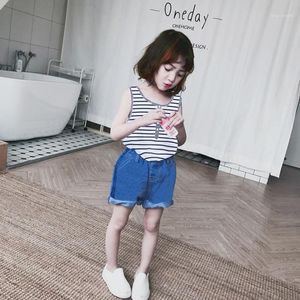 Wholesale baby girl cool clothes resale online - Baby Girl Clothes Infant Baby Girl Set Sleeveless T shirt Top Denim Shorts Pants Kid Summer Cotton Cool Striped Clothing1