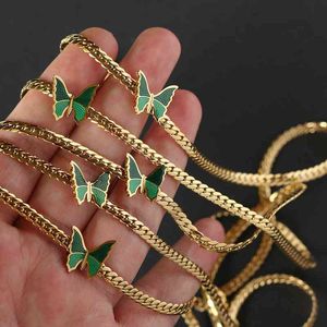 Stainls stål smycken k guldpläterad kubansk clavicle chain vintage grön fjäril hängsmycke halsband