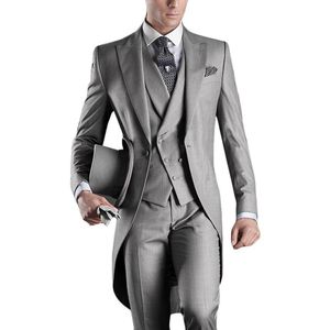 Przystojny Europejski Włoski Styl Męskie Garnitury Slim Fit Fit Groom TailCoats Light Grey Custom Made Prom Groomsmen Mężczyźni Garnitury Ślubne Kurtka Spodnie Kamizelka