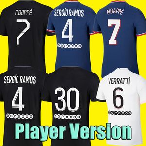 18 futbol üniforması toptan satış-MBappe Player Versiyon Futbol Forması SRERGIO RAMOS HAKIMI Marquinhos Futbol Gömlek Ev Mavi Verratti Kean Awp Beyaz Erkekler Yetişkin Futbol Üniformaları