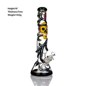 16 Inch Tall Glass Beaker Bong Hookah Big New Skulls Roses Cool Smoking Water Pipe Hand Painting Dab Rigs