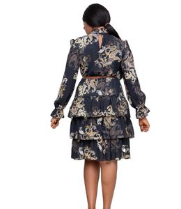 2021 spot digital printing African style dress high neck long sleeve belt fashion Casual Dresses Women Clothing