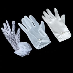 Fem fingrar handskar vit elfenben matt satin finger kort bröllop tillbehör fest prom cosplay prestanda casual brud
