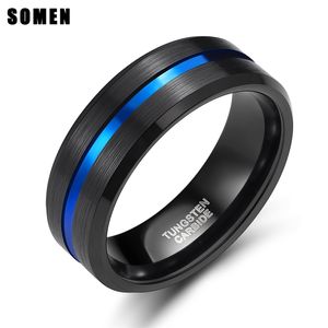 Wholesale mens 8mm tungsten carbide wedding ring resale online - 8mm Blue Line Inlay Mens Black Tungsten Carbide Ring For Engagement Wedding Rings Fashion Jewelry Masonic Ring Bague Homme