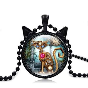 Naszyjniki wisiorek Kot Glass Naszyjnik Steampunk Zegar Time Gems Kolory Design Black Jewelry Prezent