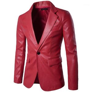 moto et costume achat en gros de Costumes Hommes Blazers Robe en cuir PU rouge Hommes Mariage Partie de mariage Mens costume Jacket Casual Slim Moto Faux Homme1