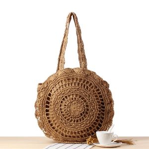 Shoulder Bags Simple Hollow Round One shoulder Straw Bag Handmade Crochet Beach Female Purse Handbags