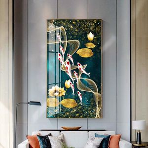abstrakte fischkunst großhandel-Gemälde Wandkunst Bild hd drucken chinesisch abstrakt neun koi fisch landschaft ölgemälde auf leinwand poster für wohnzimmer moderne dekor
