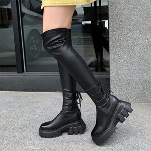 Wholesale vintage punk boots resale online - Boots PXELENA Vintage Gothic Platform Over The Knee Women Genuine Leather PU Chunky Block Heels Shoes Punk Rock Thigh High Boots1