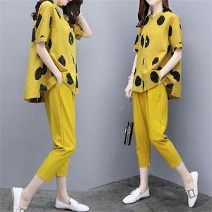 Wholesale yellow pant suits resale online - Yellow Two Pieces Set Summer Womens Outfits Pant Suits Ladies Plus Size Polka Dot Tops Linen Tracksuit Clothing Y201128