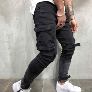 Męskie dżinsy moda spodnie ładunkowe czarne patch kieszeni ołówek mężczyźni odzież spodnie casual denim spodnie jogger