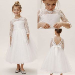 Vintage Style A Line Jewel Tea Length White Tulle Beach Wedding Flower Girl Dresses With Long sleeve Lace Top Bow Back Girls Pageant Dress