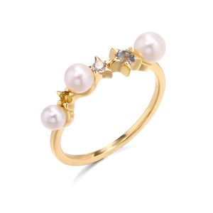 婚約の結婚指輪14kイエローゴールドメッキ925スターリングシルバーの自然空青いトパーズ淡水真珠の女性のための淡水真珠