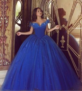 ingrosso blu reale abito spalla-Abiti casual Royal Blue Puffy Quinceanera Abito da ballo fuori dalla spalla Tulle in rilievo Party Sweet Dress