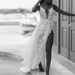 Casual Beach Wedding Gown Bridal Dress Spaghetti Straps Appliques Lace Tulle Beading Waist Backless Sexy Split vestido de noiva Summer