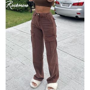 Wholesale women low waist jeans for sale - Group buy Rockmore loose jeans retro style women street cloth pocket wide legs charge low waist brown