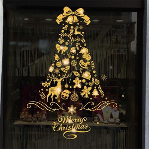 стена рождественское дерево оптовых-Наклейки стены сияющие золотые рождественские елки окно стикер Санта езда рождественские гирлянда наклейки годика витрина снеговика домашний декор