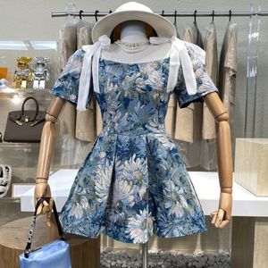 Casual Dresses Summer French Style Vintage Short Sleeve Empire Floral Jacquard Mini Dress Women Luxurious Elegant Princess Party Robes