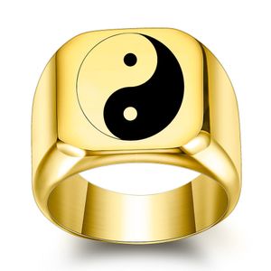 placa de ouro chinês venda por atacado-Banda de desenhista anéis chinês taoísmo símbolo yinyang bagua gemstone anel antigo china banhado a ouro fengshui branco coração preto anel para presente