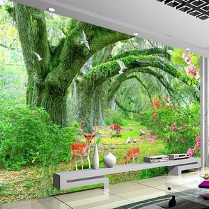 Wallpapers Custom Mural Wallpaper Green Tree Forest Deer Wall Papers Home Decor Modern Living Room Bedroom D Po Painting