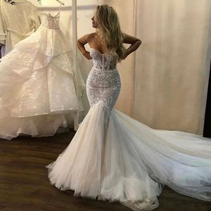 Vintgae Lace Wedding Dresses Mermaid Strapless Boho Fish Bridal Gowns Princess Party Gowns With Puffy Tulle Skirt