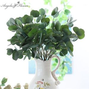 lackierte blumen großhandel-3D handgemalte Kunststoff künstliche Blume Doppelschicht Eukalyptus grüne Pflanzen Runder Geldblatt DIY Materialien Hochzeit Home Decor1